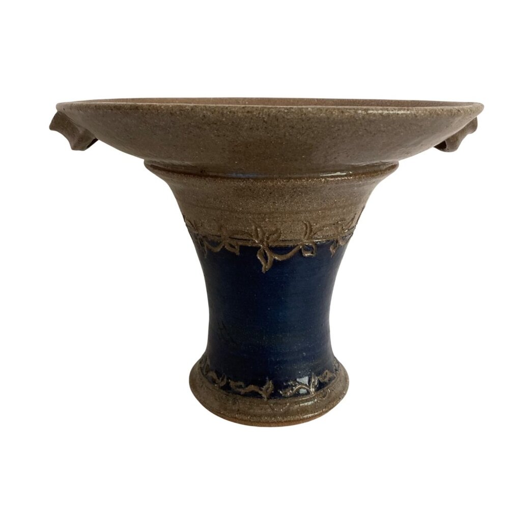 Art Pottery Pedestal Plate Or Small Jardinière Blue And Tan Glaze Signed